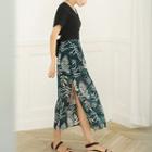 Set: Short-sleeve Top + Leaf Print Midi Skirt