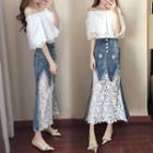 Set: Off-shoulder Top + Midi Lace Panel Denim Skirt
