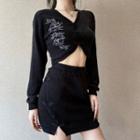 Set: Dragon Embroidery Crop Cardigan + Frog Buttoned Mini Skirt