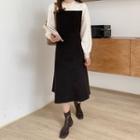 Long-sleeve Two-tone Knit Midi A-line Dress