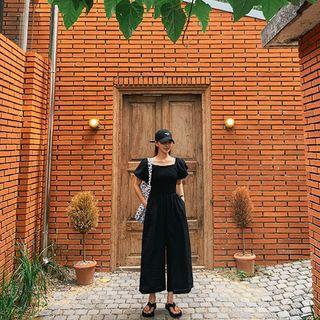 Puff-sleeve Smocked Wide-leg Jumpsuit