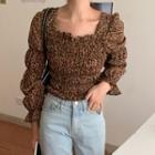 Long-sleeve Leopard Print Blouse Khaki - One Size