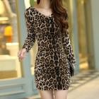 Long-sleeve Leopard Sheath Dress