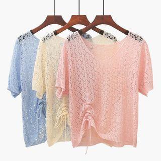 Drawstring Ruched Elbow-sleeve Pointelle Knit Top
