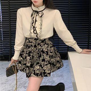 Tie-neck Ruffle Trim Blouse / High Waist Floral Mini Skorts