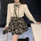 Tie-neck Ruffle Trim Blouse / High Waist Floral Mini Skorts