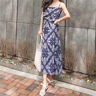 Set: Patterned Linen Camisole Top + Long Flare Skirt