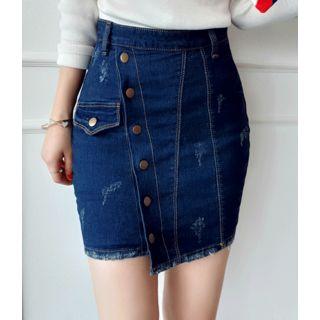 Button-detail Asymmetric-hem Denim Skort