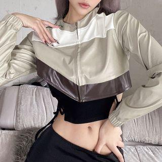 Color Block Faux Leather Cropped Jacket