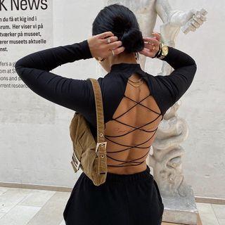 Long-sleeve Open Back Strappy T-shirt