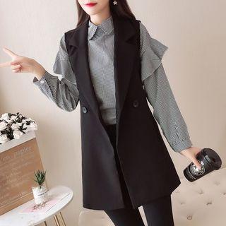 Set: Plaid Ruffle Trim Blouse + Long Sleeveless Blazer