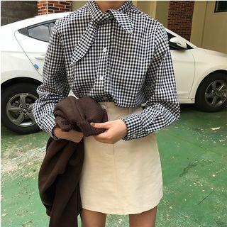 Bow Accent Plaid Blouse As Shown In Figure - One Size