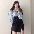 Long-sleeve Shirt / High-waist Belted Mini Skirt