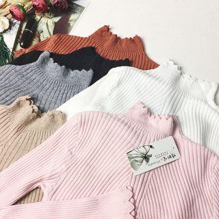 Mock Neck Scalloped Trim Knit Top