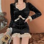Set: Ruffle Velvet Long-sleeve Slim-fit Top + Skirt