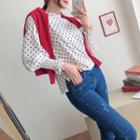 Frilled-neck Smocked-cuff Dotted Blouse