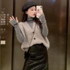 Mock Neck Knit Top / Knit Vest / Faux Leather A-line Skirt