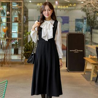 Pleated-trim Flared Long Suspender Dress