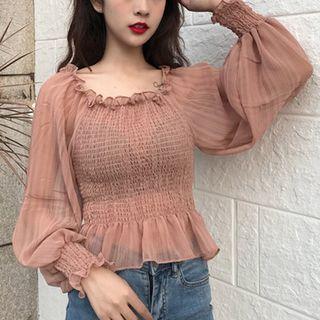 Balloon-sleeve Smocked Chiffon Top