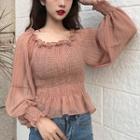 Balloon-sleeve Smocked Chiffon Top