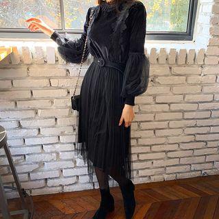 Crochet-trim Tulle-overlay Long Velvet Dress