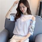 Embroidered Short-sleeve Mock Two-piece Blouse