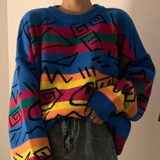 Striped Sweater Blue & Red & Green - One Size