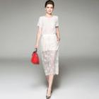 Set: Short-sleeve Silk Top + Lace Wide-leg Pants