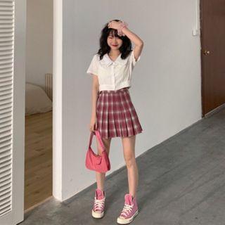 Short-sleeve Collared Shirt / High-waist Plaid Pleated Skirt