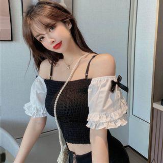 Short-sleeve Cold Shoulder Shirred Crop Top Black & White - One Size