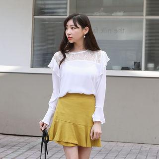 Lace-yoke Frilled Crepe Blouse