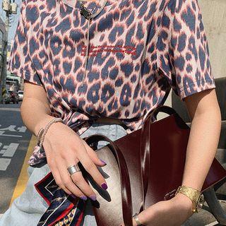 Leopard Print Letter Embroidered Short-sleeve T-shirt