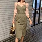 Set: Long-sleeve Blouse + Spaghetti Strap Midi Sheath Dress