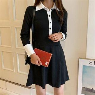 Half-placket Contrast-trim Dress Black - One Size