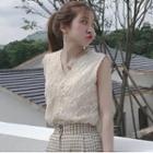 Short-sleeve Lace Blouse / Sleeveless Blouse / Plaid Cropped Pants / Set
