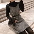 Dotted Mini Pinafore Dress / Mock-turtleneck Long-sleeve Top