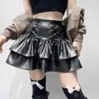 Lace-up Faux Leather Tiered Mini A-line Skirt