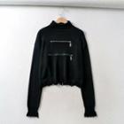 Zip Detail Cropped Ripped Sweater Black - One Size