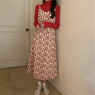 Floral Print A-line Midi Pinafore Dress / Mock-turtleneck Long-sleeve Top