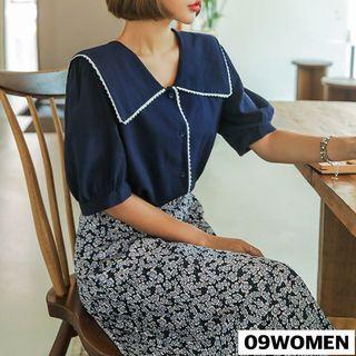 Plus Size - Sailor-collar Puff-sleeve Blouse
