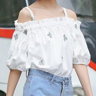 Cold-shoulder Cactus Embroidered Blouse White - One Size