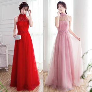Sleeveless Beaded Tulle Evening Gown