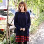 Round-neck Check-panel Layered Long-sleeve Pullover