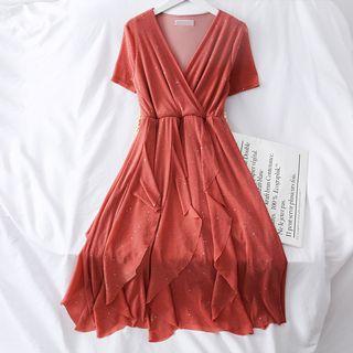 Glitter Ruffled-trim V-neck Dress