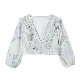 Balloon-sleeve Ruffled Tie-dyed Blouse