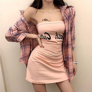 Letter Tube Mini Sheath Dress / 3/4-sleeve Plaid Shirt