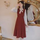 Long-sleeve Tie-neck Two-tone Midi A-line Dress