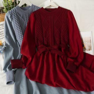 Patchwork Knit-panel Midi Dress With Sash