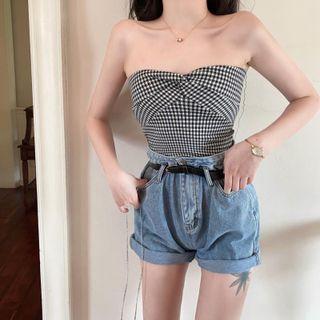 Gingham Bow Tube Top Gingham - Black & White - One Size