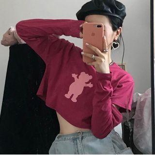 Long-sleeve Bear Print Cutout T-shirt